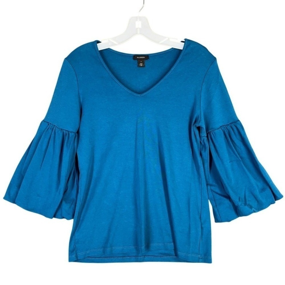 Halogen Supima Cotton V Neck Bell Sleeve Blouse Teal‎ Blue Knit Top S Womens